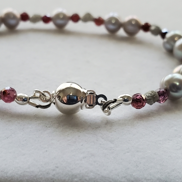 Raw Diamond, Red Sapphire, and Pearl Sterling Bracelet - Picture 11 of 16